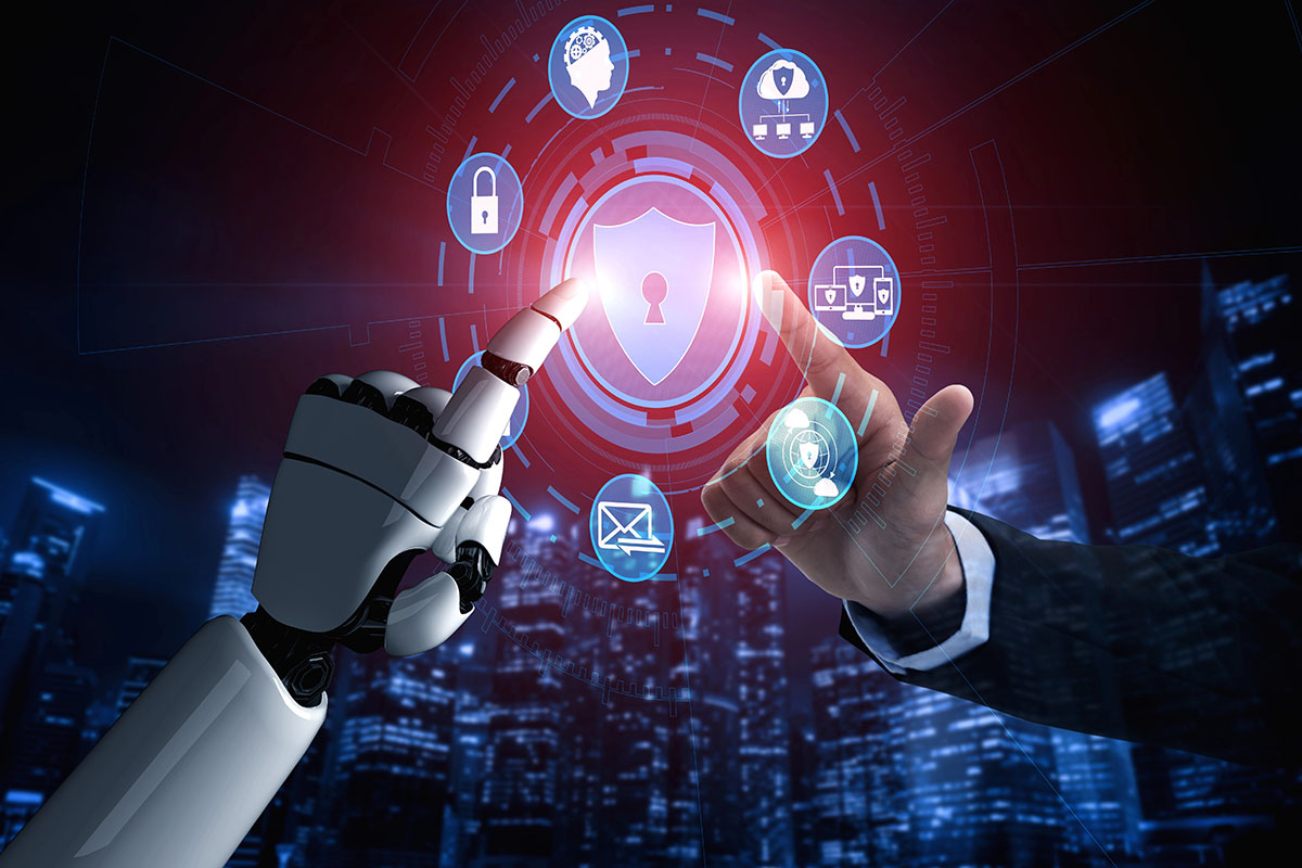 A businessman's hand is reaching out to touch a rendering of a robot hand with a cyber shield graphic.