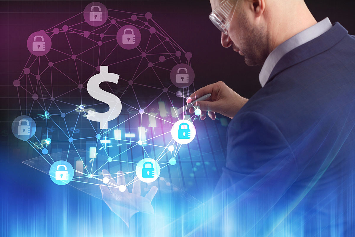A businessman is using a virtual computer screen showing icons of padlocks and a dollar sign against a futuristic background.