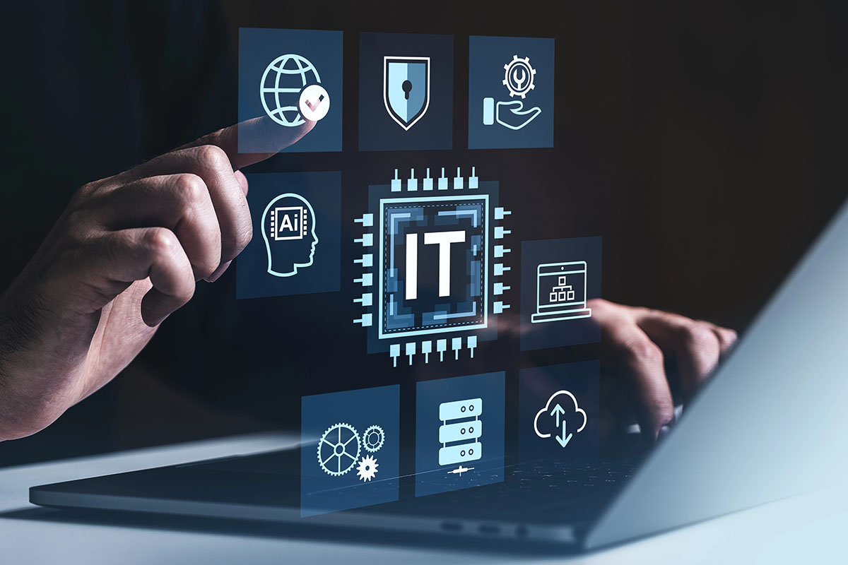 A person's hand interacting with a digital interface displaying various icons related to IT topics like AI, security, and data management, overlaid on a laptop.