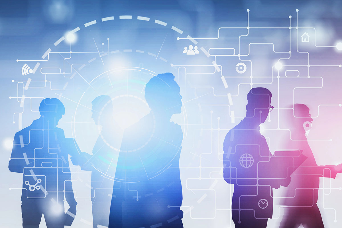 Silhouettes of professionals engaging in discussion against a backdrop of technology-related graphics, including circuit patterns and icons representing connectivity and digital communication.
