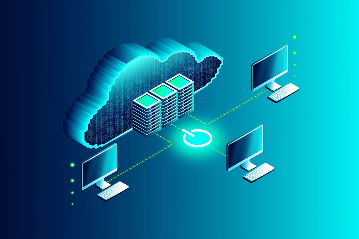 Illustration of a cloud computing concept featuring a stylized cloud with data servers inside, connected to three desktop computers by dotted lines, with a central power icon illuminated.