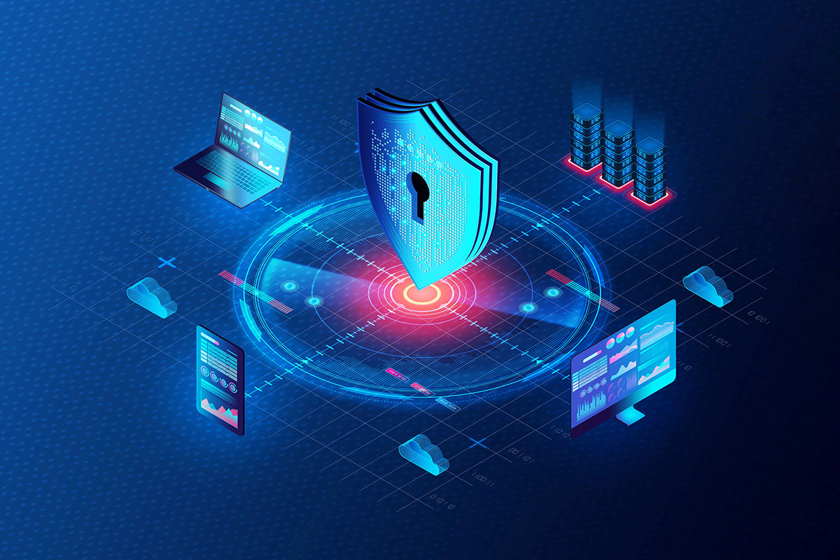 A digital illustration depicting a central shield representing cybersecurity, surrounded by devices such as laptops and smartphones displaying data, along with cloud storage icons and server stacks, all set against a blue background with geometric patterns.