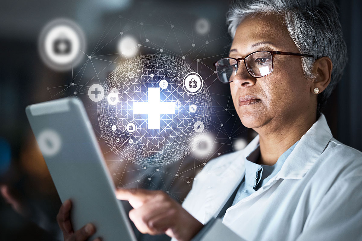 A healthcare professional in a lab coat uses a tablet, analyzing digital health data represented by floating icons and a glowing plus sign, indicating medical technology and patient care.