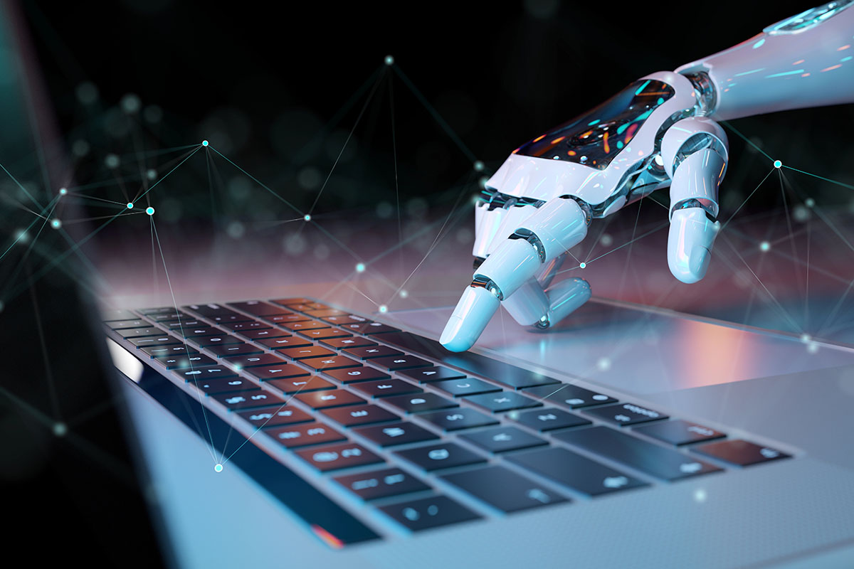 A robotic hand is poised to type on a laptop keyboard, with abstract digital connections in the background.