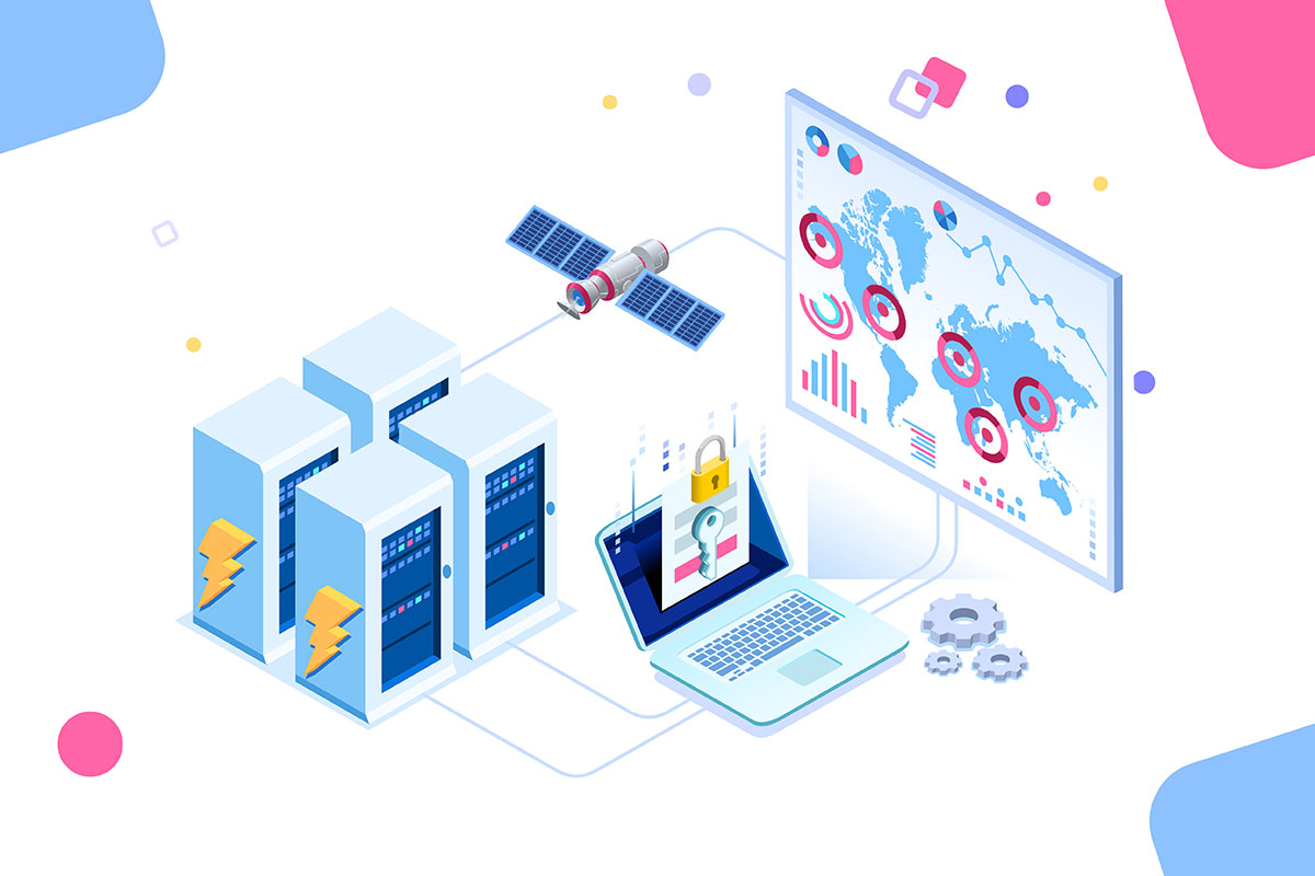 An illustration depicting a networked system featuring several data servers, a laptop displaying a secure access screen, a satellite, and a large monitor with global maps and various data visualizations.